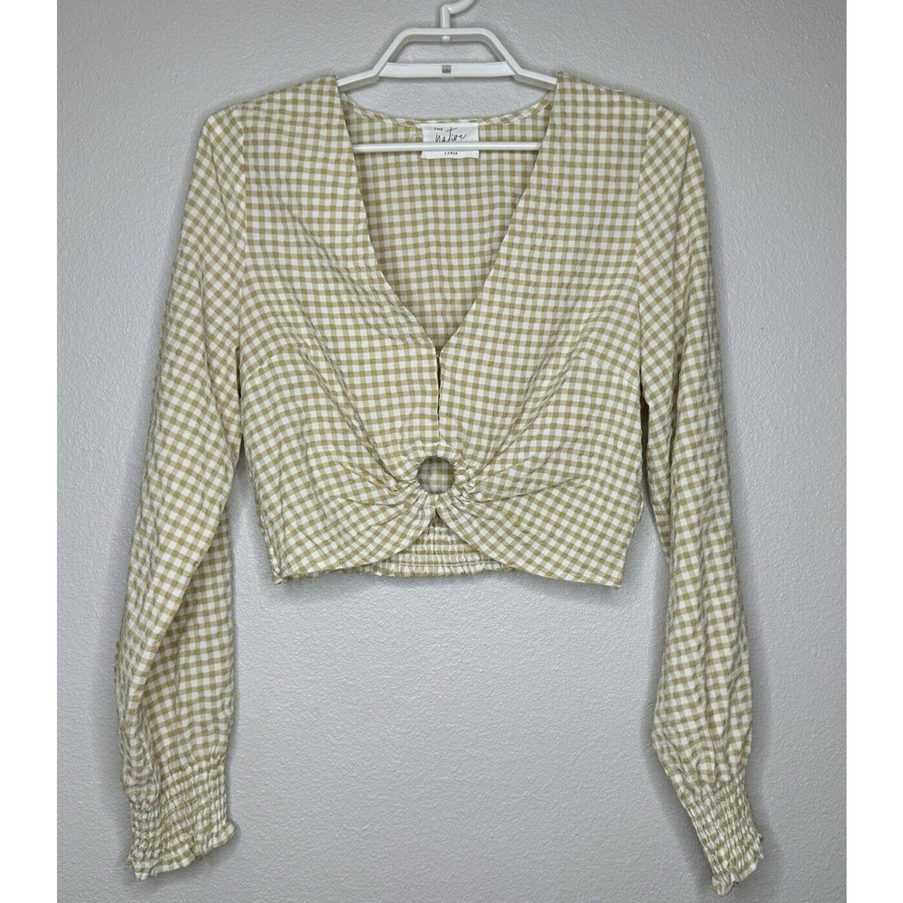 The Native One Women's Crop Top Sz Large Tan White Check‎ V-Neck Long Sleeve
